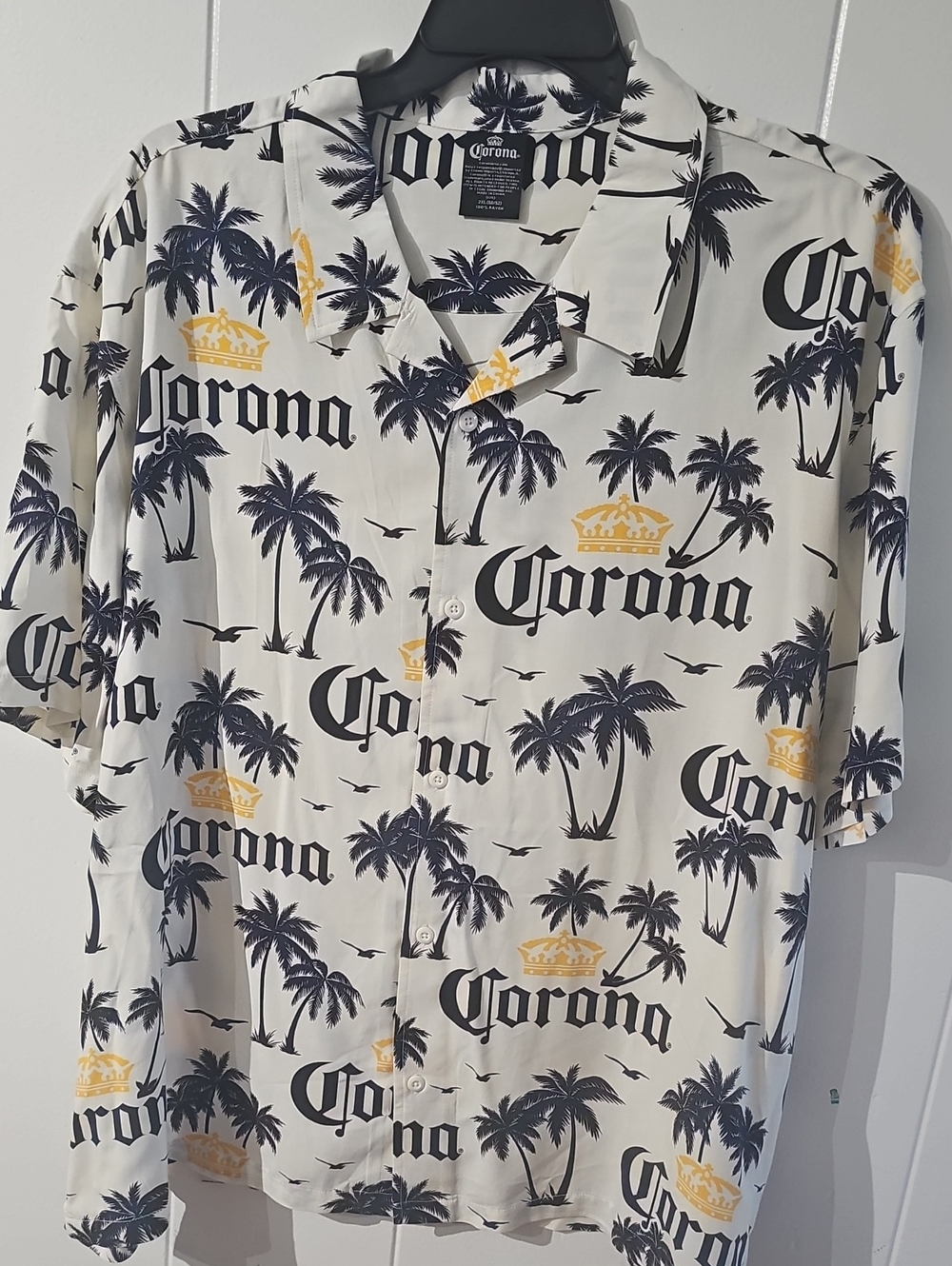 Corona White Short-Sleeve Palm-Print Button Down Shirt with Yellow Crown Accents